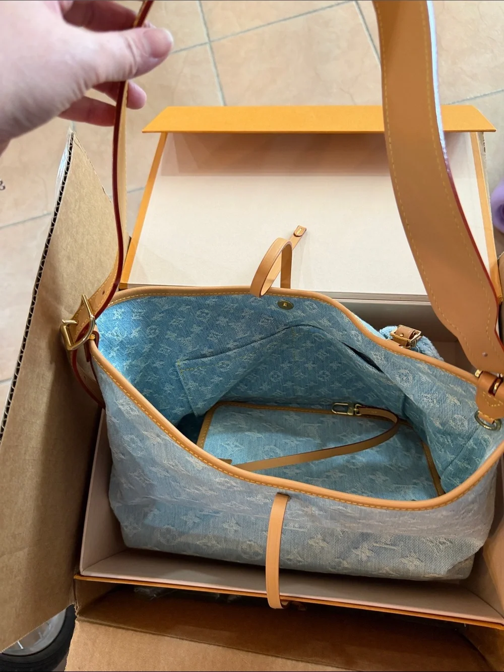 Louis Vuitton Denim Monogram Tote in Light Blue with Tan Trim